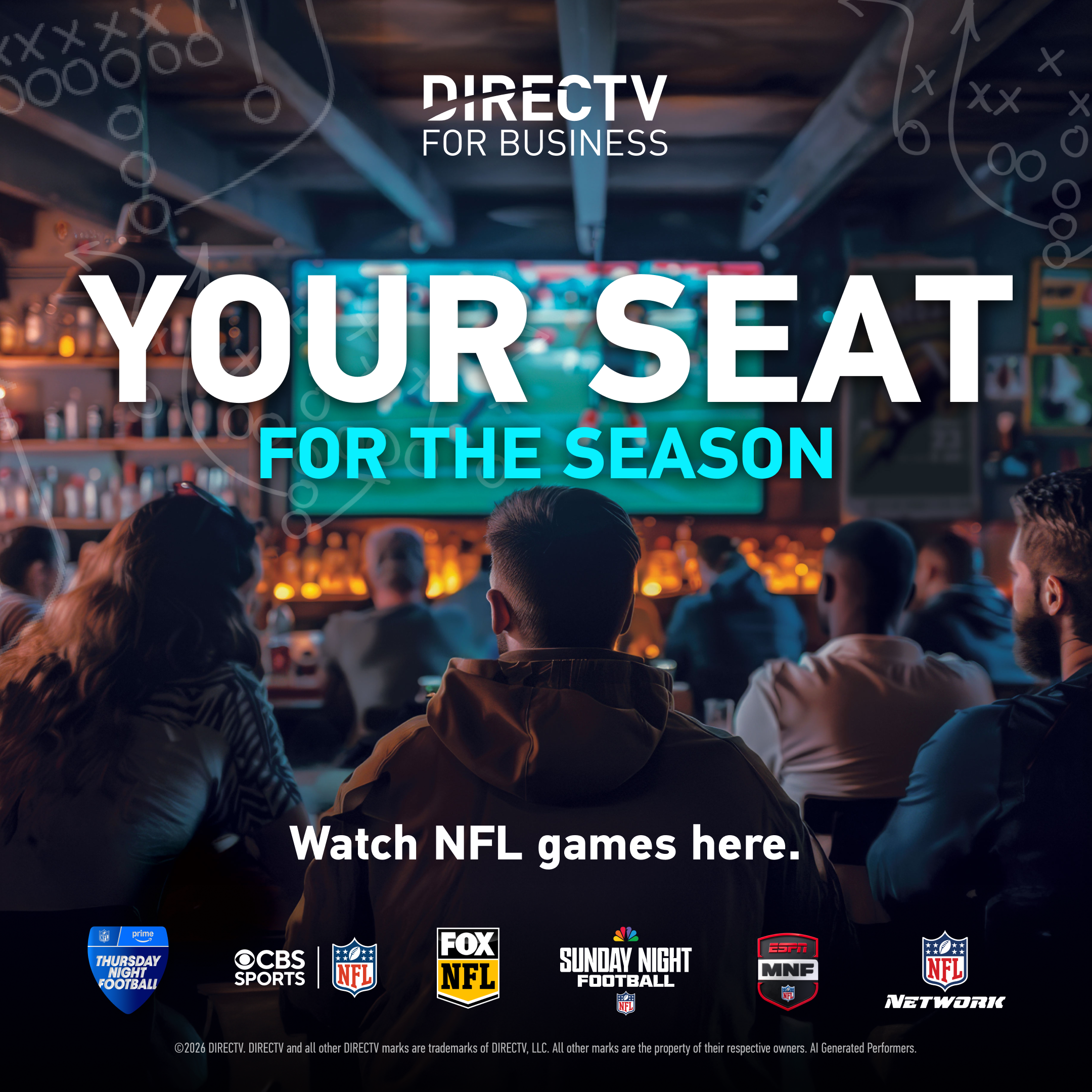 Official NFL Watch Here square graphic for Clubhouse football viewing