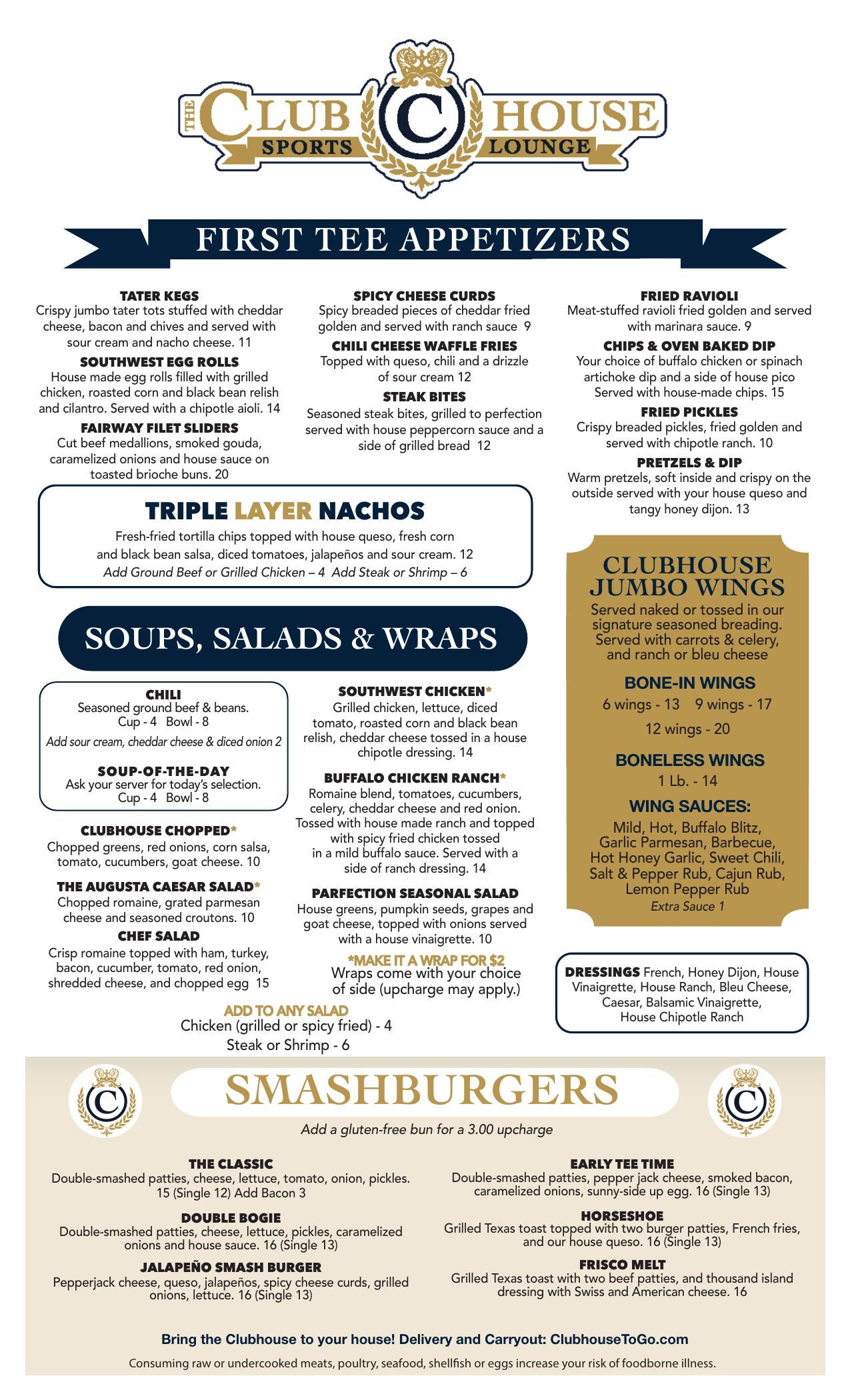 Clubhouse Lounge + Kitchen menu — Page 1 · Apps · Salads · Wings · Burgers