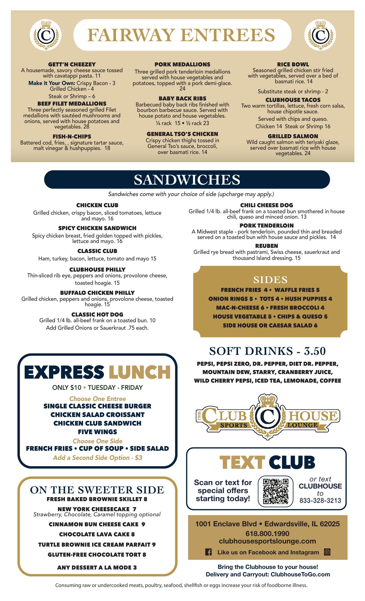 Clubhouse Lounge + Kitchen menu — Page 2 · Entrées · Sandwiches · Sweets