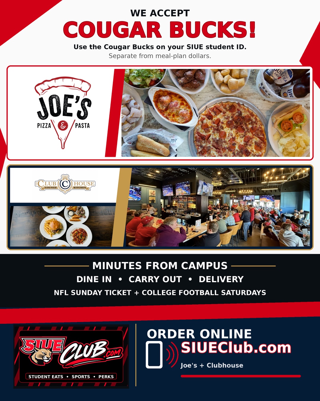 Cougar Bucks promotion for Joe's Pizza & Pasta Edwardsville and Clubhouse Lounge + Kitchen.